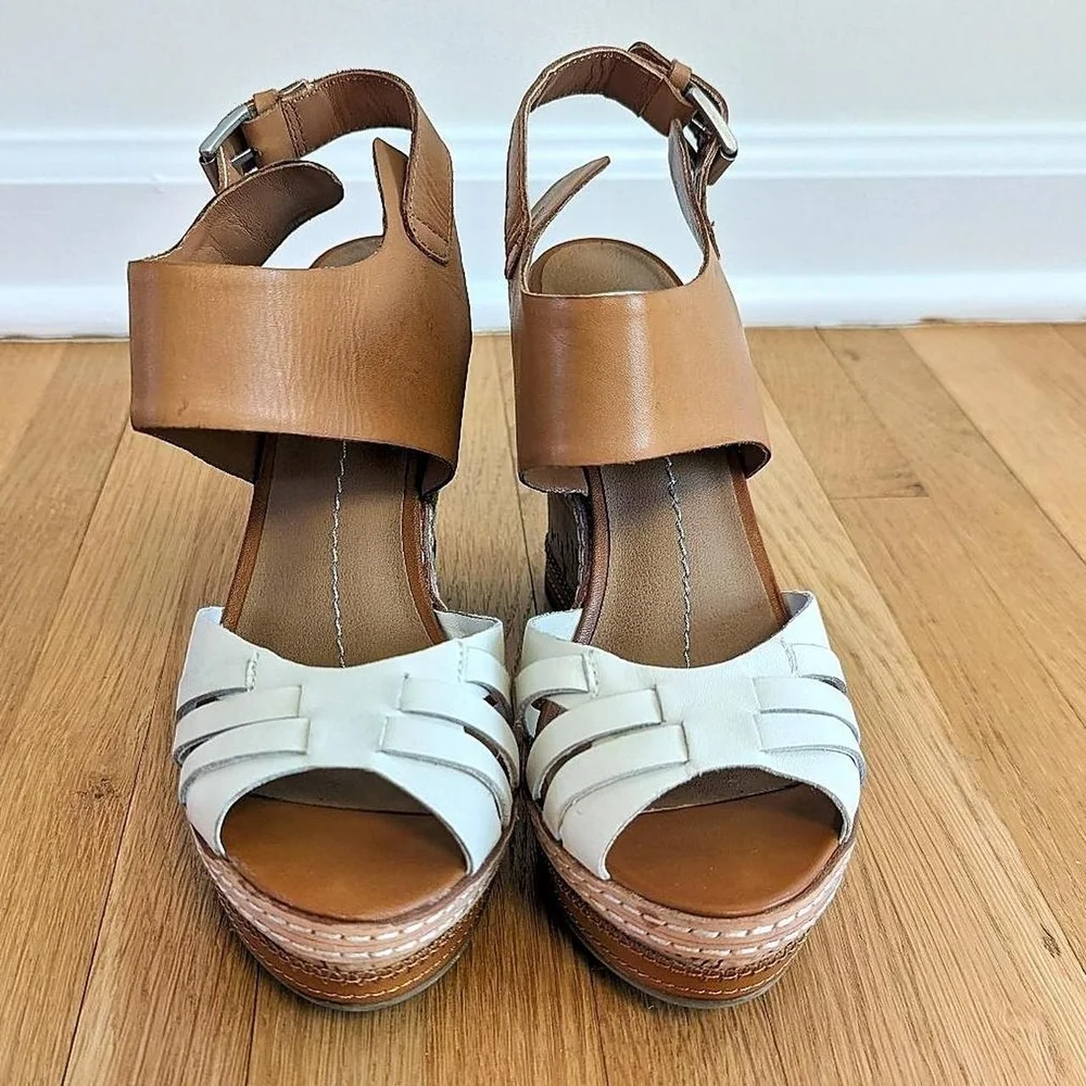 Women's Tan and White Wedge Sandals